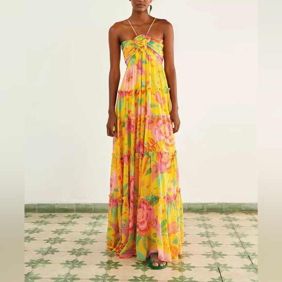 FARM Rio Macaw Bloom Gold and Pink Ruffled Tiered Maxi Dress Size M - Picture 3 of 16